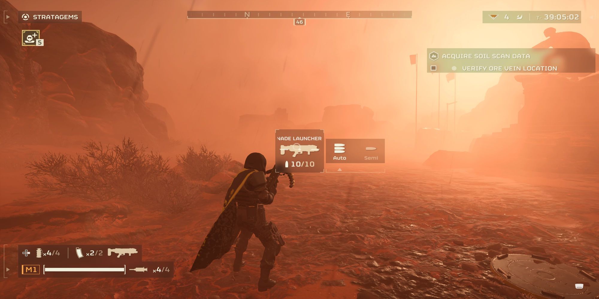 A player pulls up the grenade launcher's settings during a mission