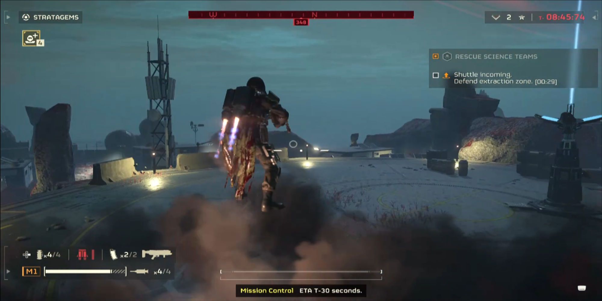 A player uses a Jump Pack to fly through the air in Helldivers 2