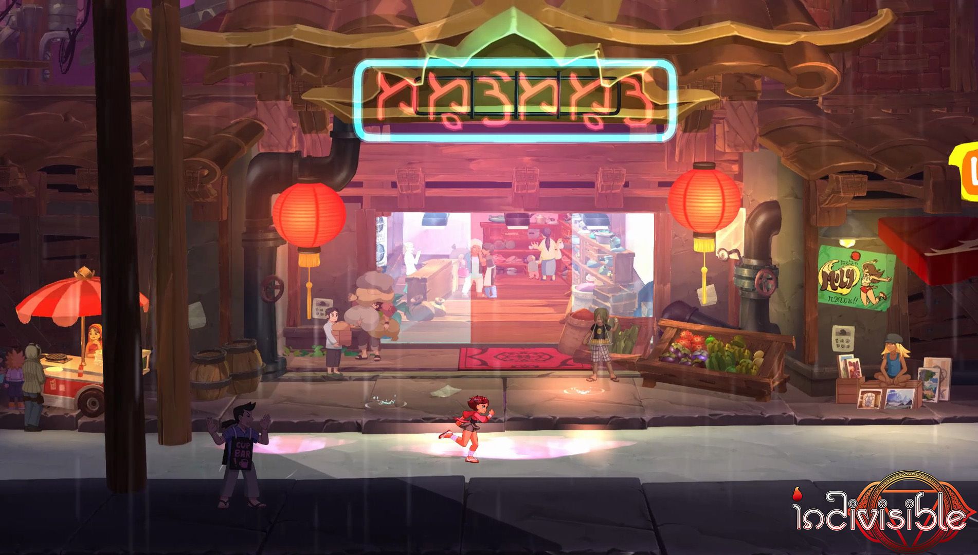 Indivisible Steam promo screenshot girl running next to game logo