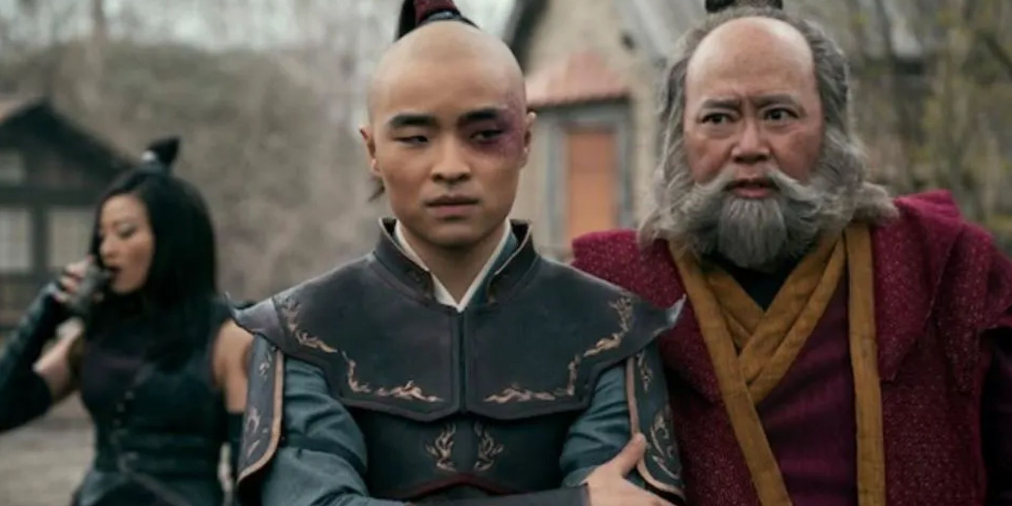 iroh and zuko with jade in the background live action netflix the last airbender