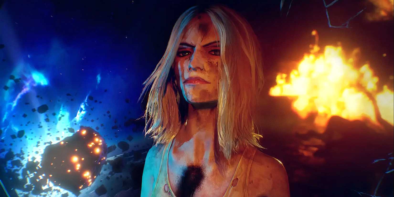 Judas from Judas with explosions on each side of her