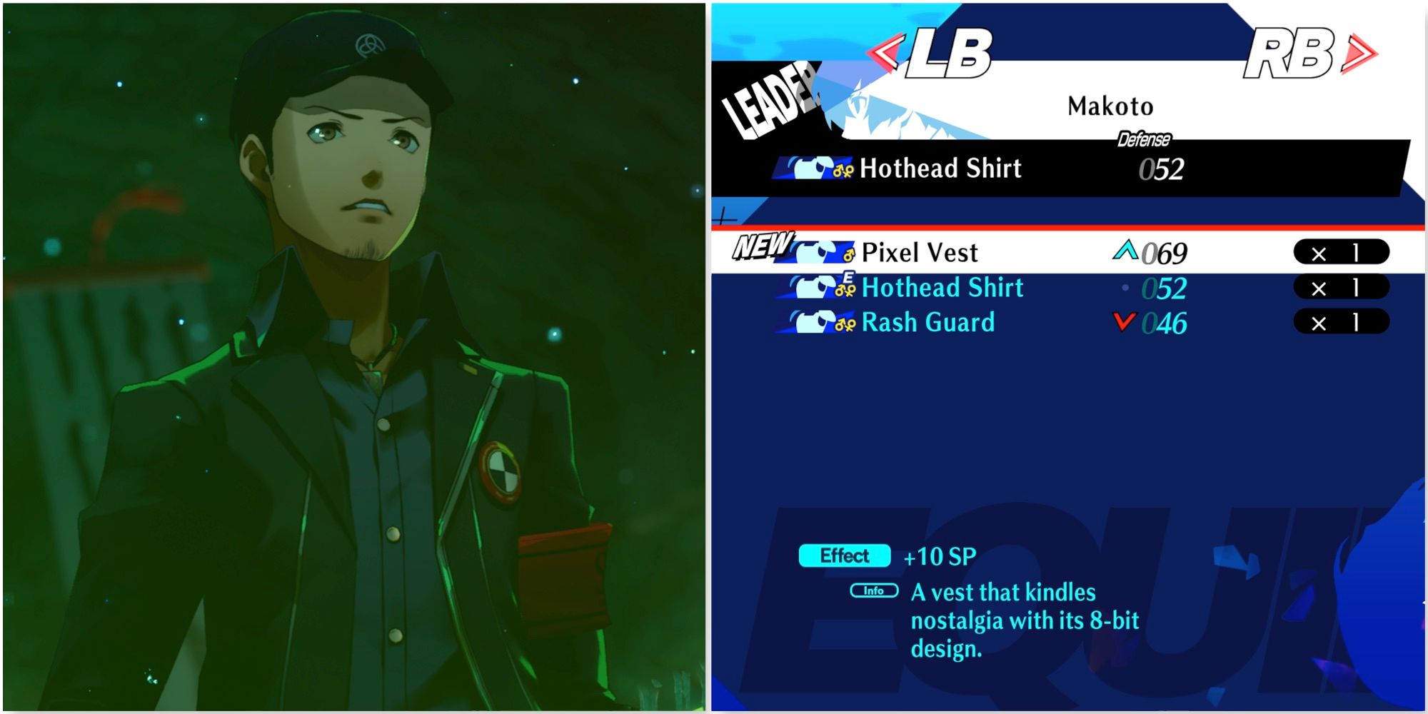 Junpei and the Pixel Vest armor in Persona 3 Reload