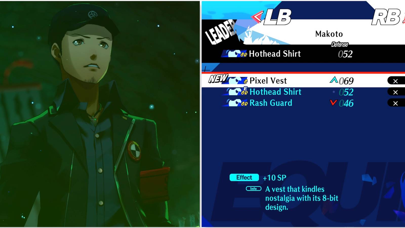 Junpei and the Pixel Vest armor in Persona 3 Reload