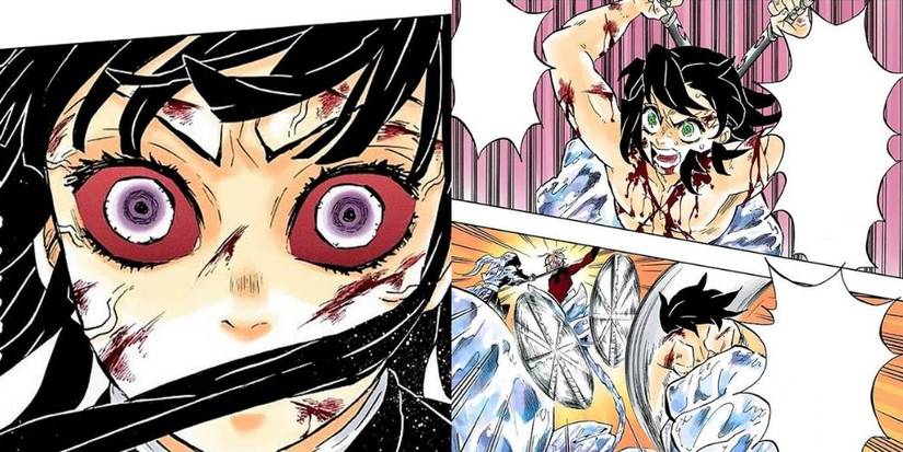 Kanao unlocking Equinoctial Vermilion Eye  and Inosuke using Sudden Throwing Strike against Doma.