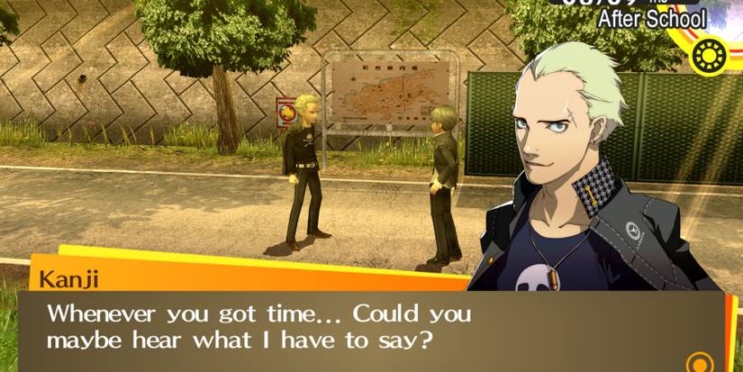 Kanji from Persona 4 standing in front of Yu saying "Whenever you got time... Could you maybe hear what I have to say?"