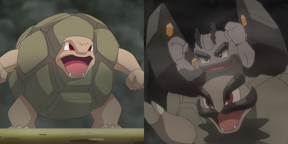 Kantonian Golem and Alolan Golem in the Pokemon anime.