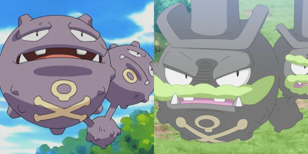 Kantonian Weezing and Galarian Weezing in the Pokemon anime.