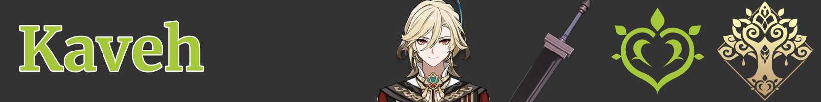 A narrow image with icons representing kaveh's weapon, element, and region - claymore dendro sumeru