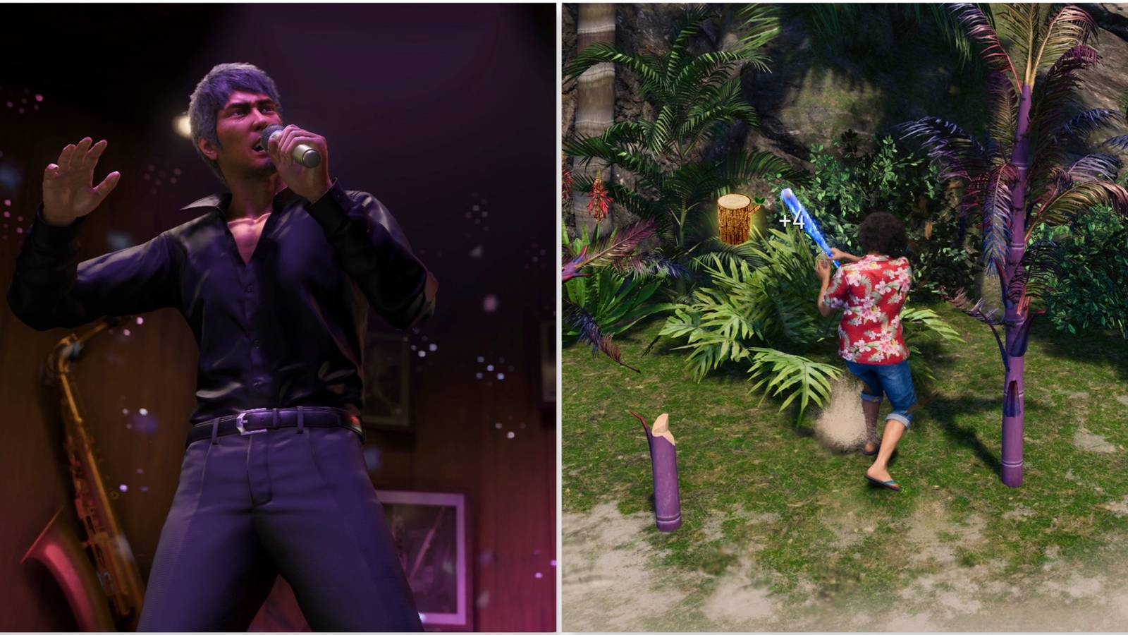 Kazuma singing Karaoke and Chopping down trees on Dondoko Island in Like a Dragon Infinite Wealth