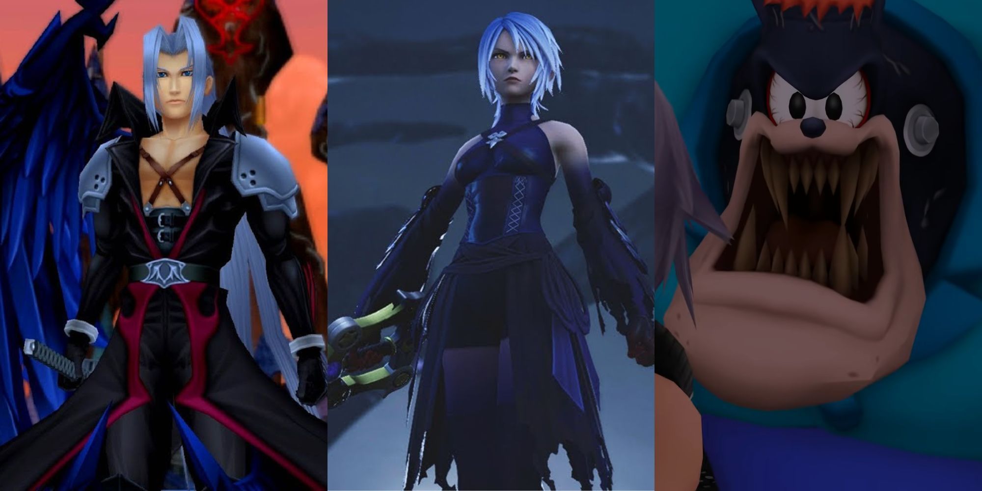 A collage of some Kingdom Hearts bosses that were disappointingly easy: Sephiroth from Kingdom Hearts 2, Anti-Aqua from Kingdom Hearts 3 and Julius from Kingdom Hearts Dream Drop Distance.
