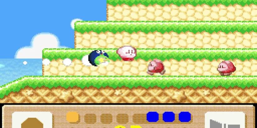 Kirby and Gooey fighting Waddle Dees in Kirby's Dream Land 3.