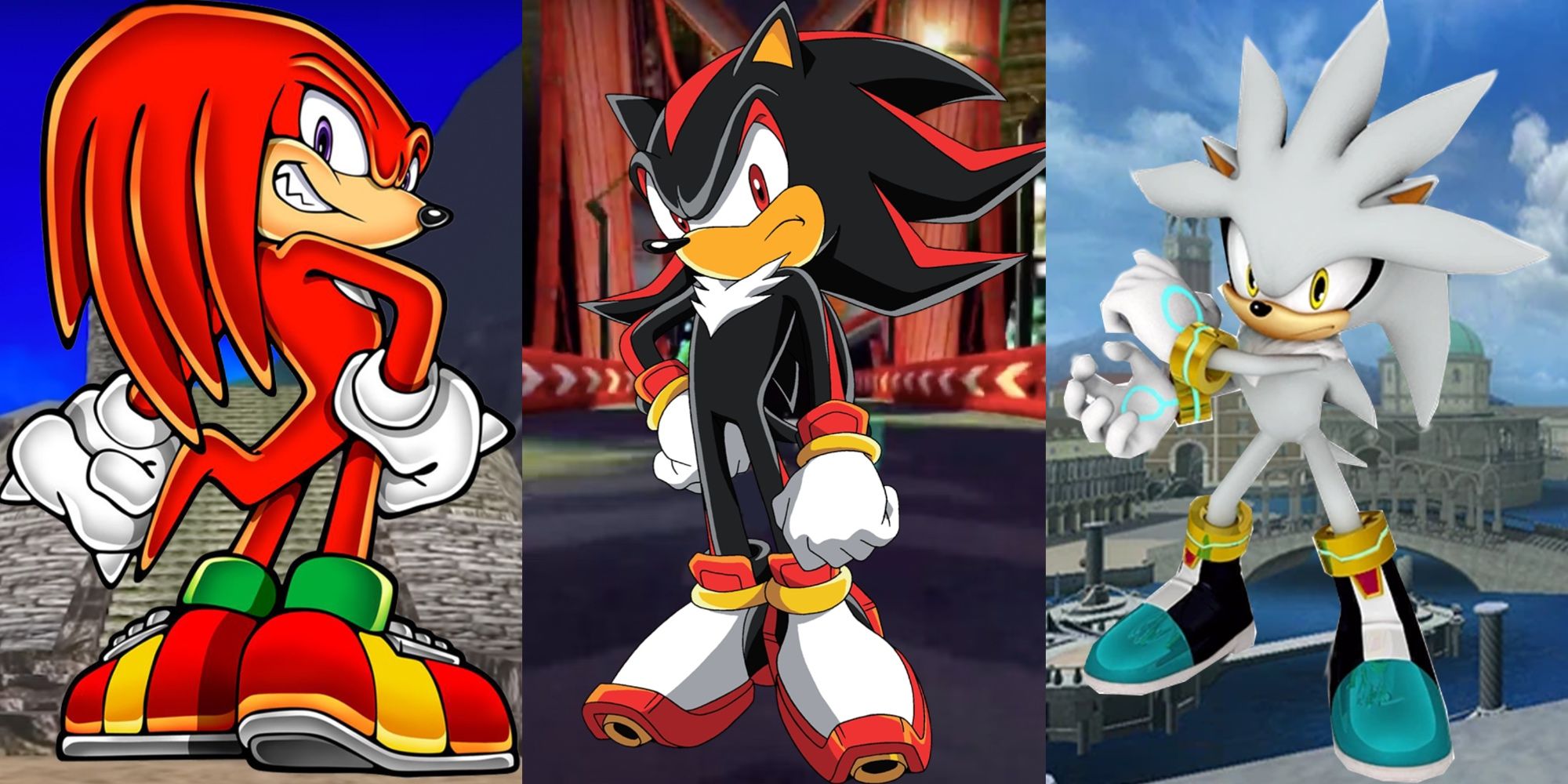 knuckles the echidna, shadow the hedgehog and silver the hedgehog side by side