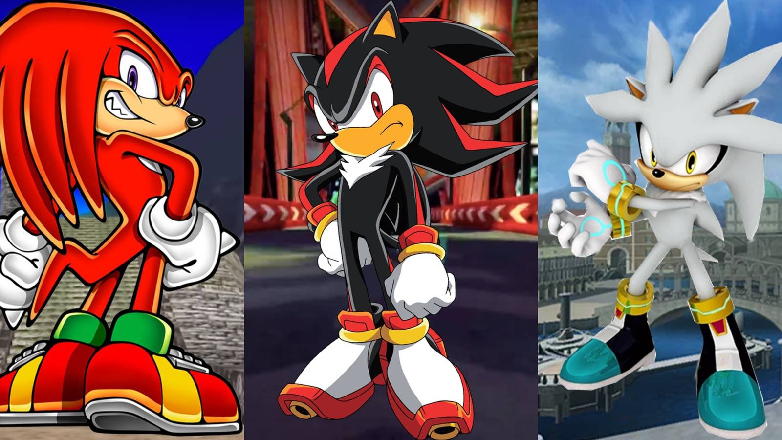 knuckles the echidna, shadow the hedgehog and silver the hedgehog side by side