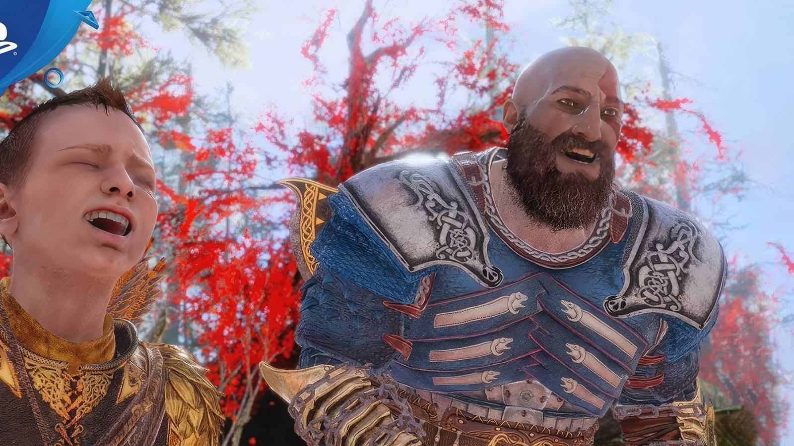 Kratos and Atreus from 2018 God of War looking happy next to PlayStation logo emblem
