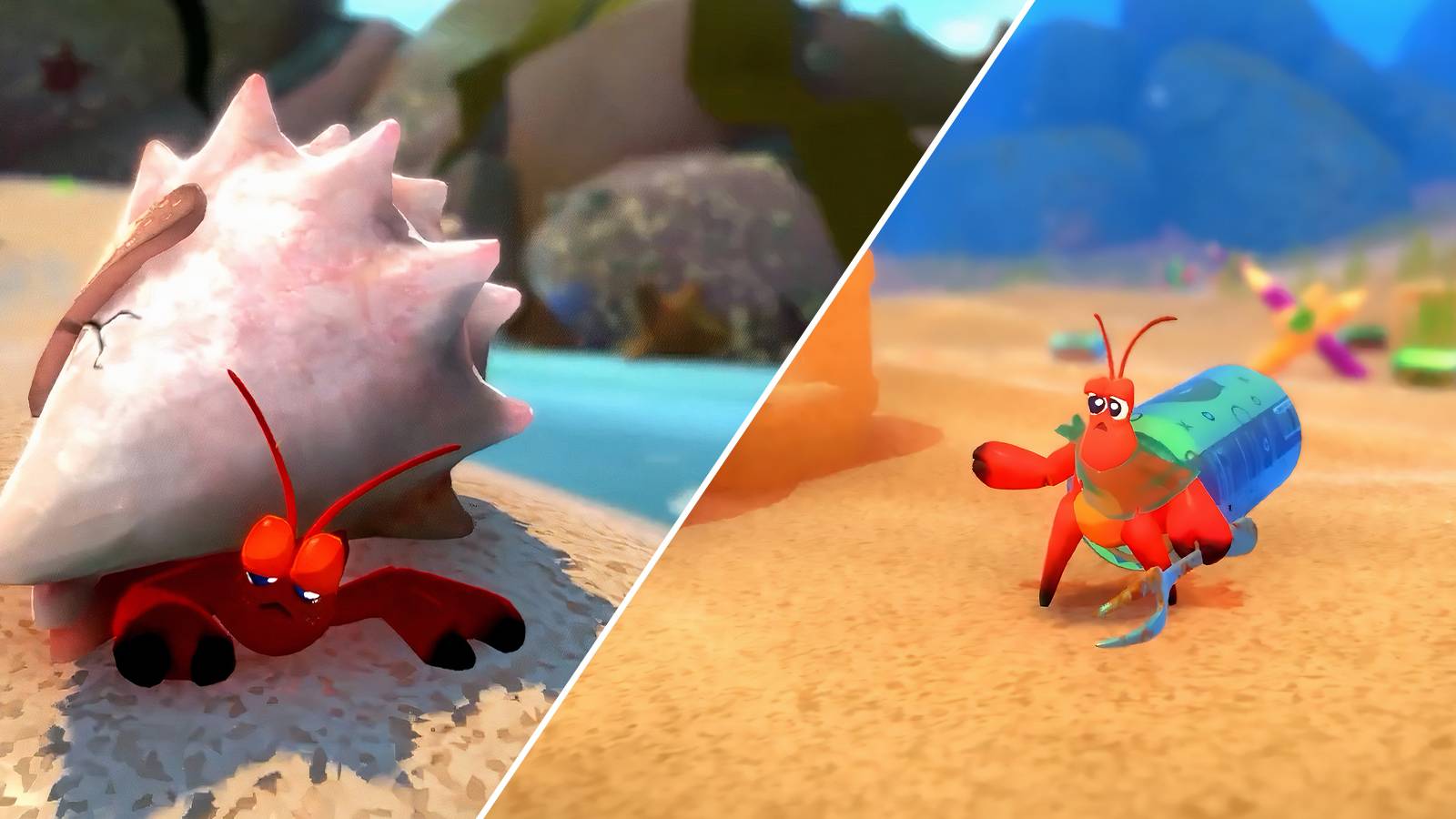 Kril wearing the Normal shell and the Aluminum shell in Another Crab's Treasure