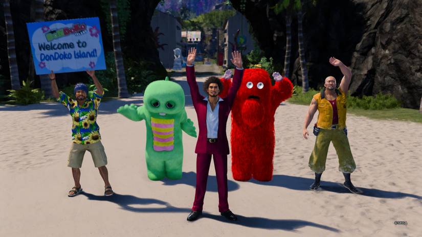 Greeting guests to Dondoko Island in Like a Dragon: Infinite Wealth