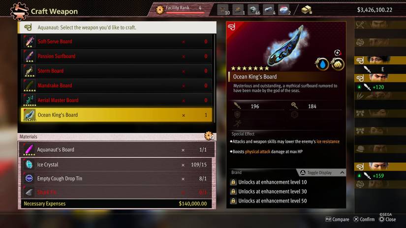 Crafting Aquanaut's Ocean King's Board in Like a Dragon: Infinite Wealth.