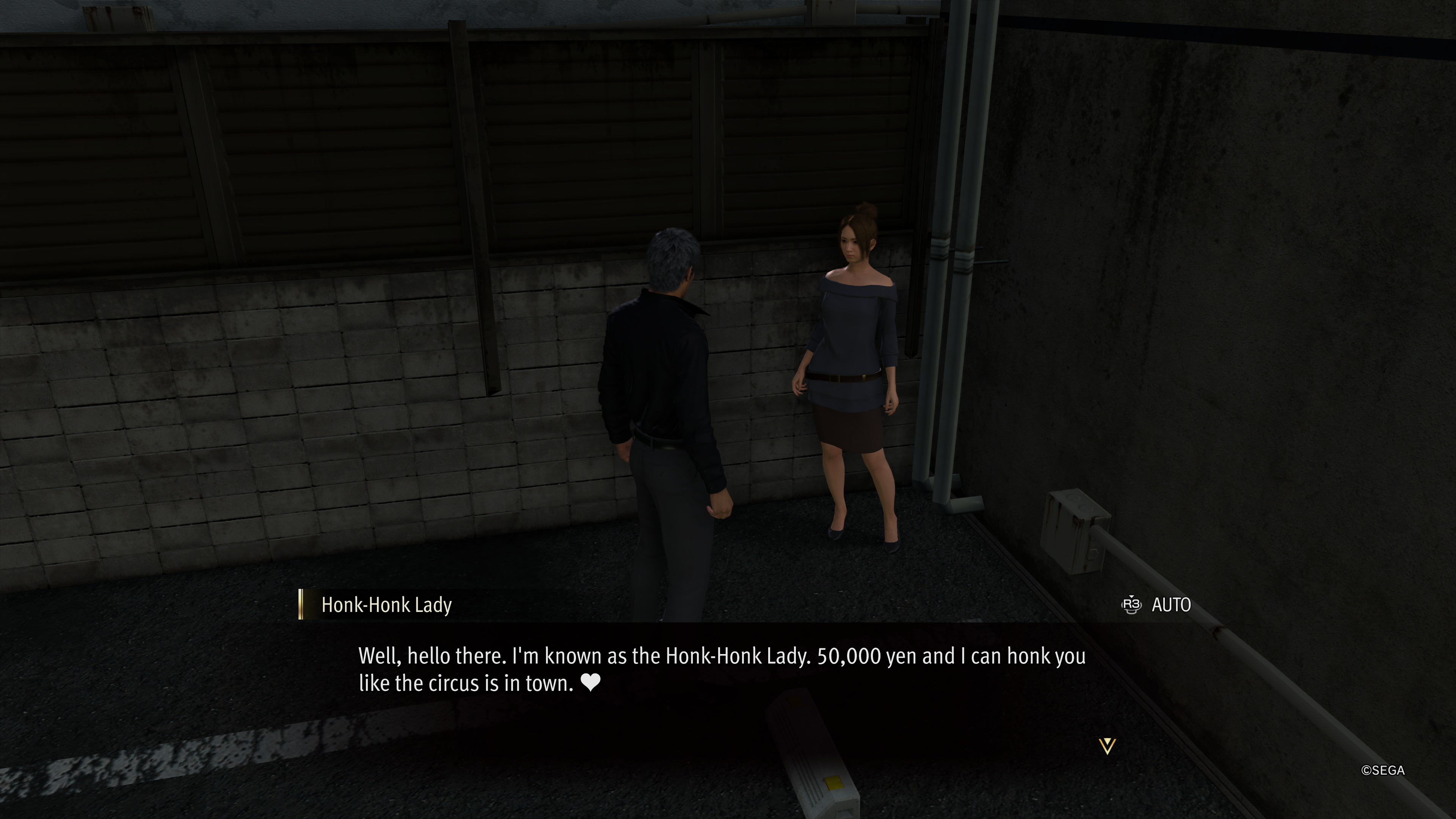 Kiryu speaking to the Honk-Honk Lady in Like a Dragon: Infinite Wealth.