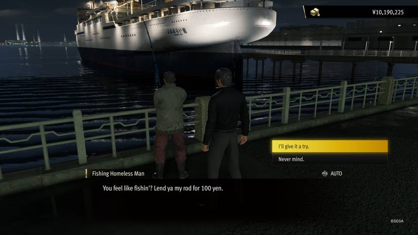 Kiryu speaking with a Fishing Homeless Man in Like a Dragon: Infinite Wealth.