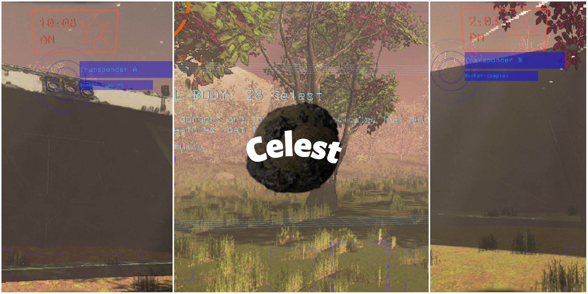Screenshots from a modded moon called Celest which features an abandoned bunker in a field