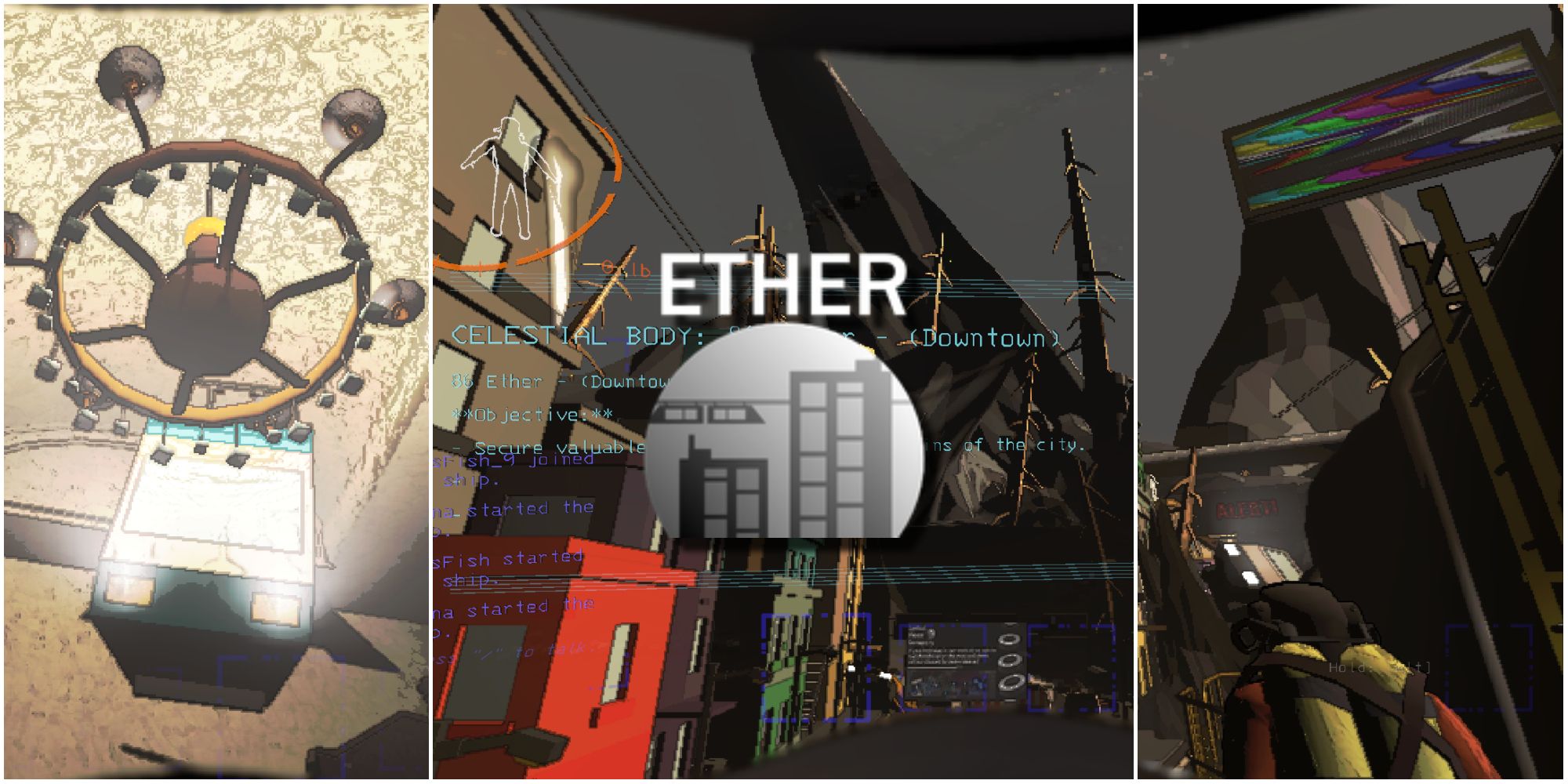 Screenshots from a modded moon called Ether, a blocky and abandoned downtown cityscape