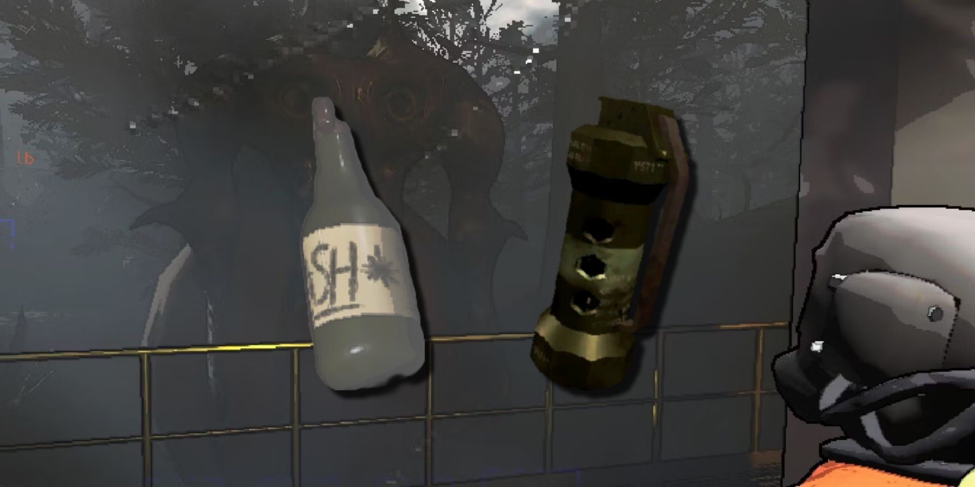 The background of a Forest Keeper with an image of a flashbang and a stun grenade, which are weapons in the game