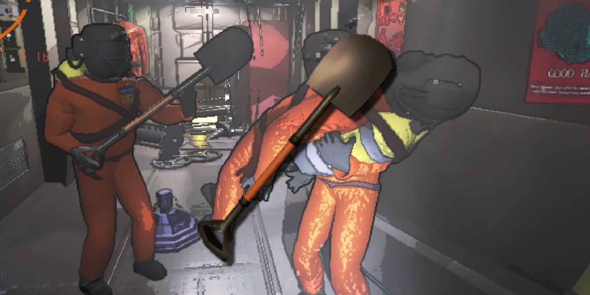 A player holding a shovel, a weapon from the game, and a player holding a dead body likely due to a shovel hit