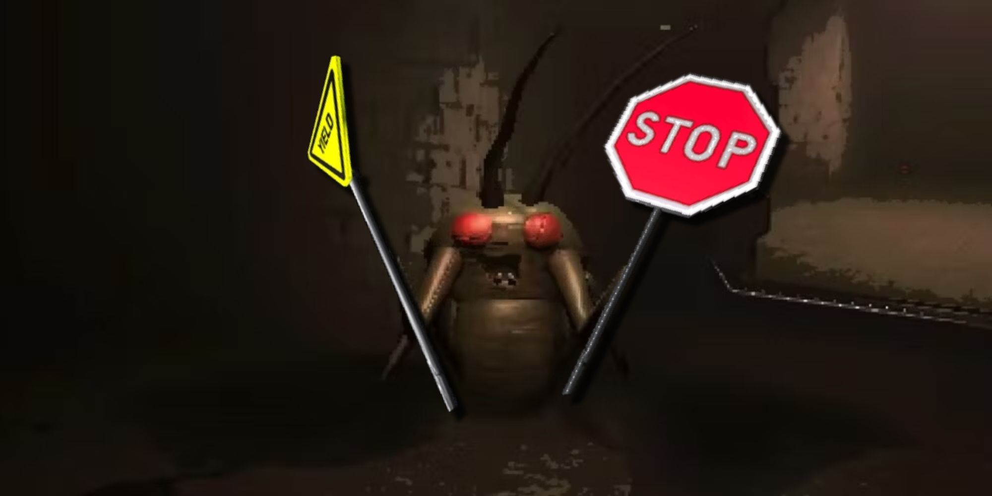 A Hoarding Bug holding a stop sign in one hand and a yield sign in the other, two weapons that can be used against enemies