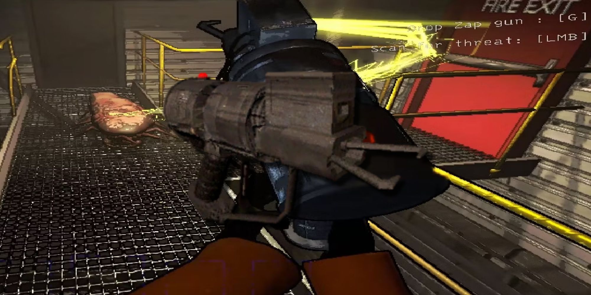 A player is using a zap gun as a weapon against a snare flea