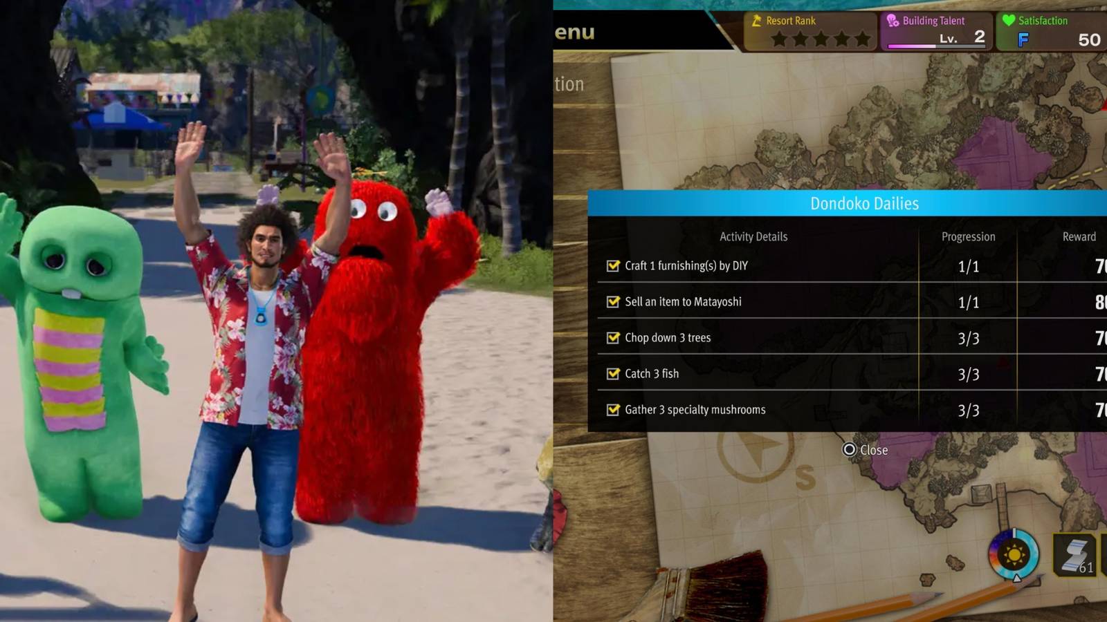 Split image showing Ichiban in Dondoko Island.