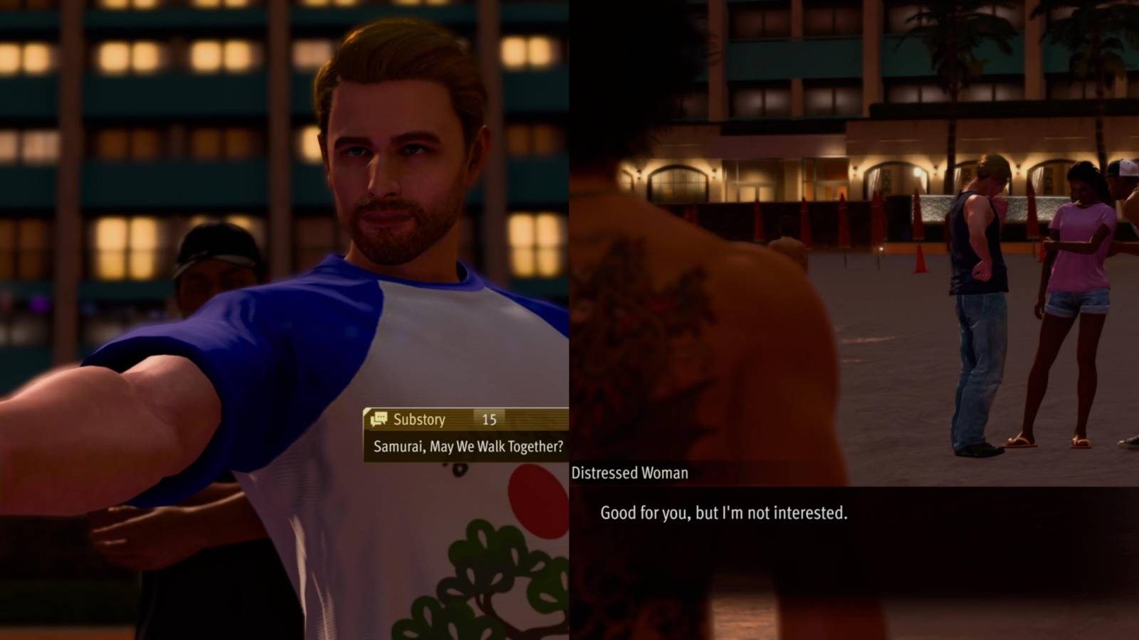 Split image showing Substory 15 in Like a Dragon: Infinite Wealth.