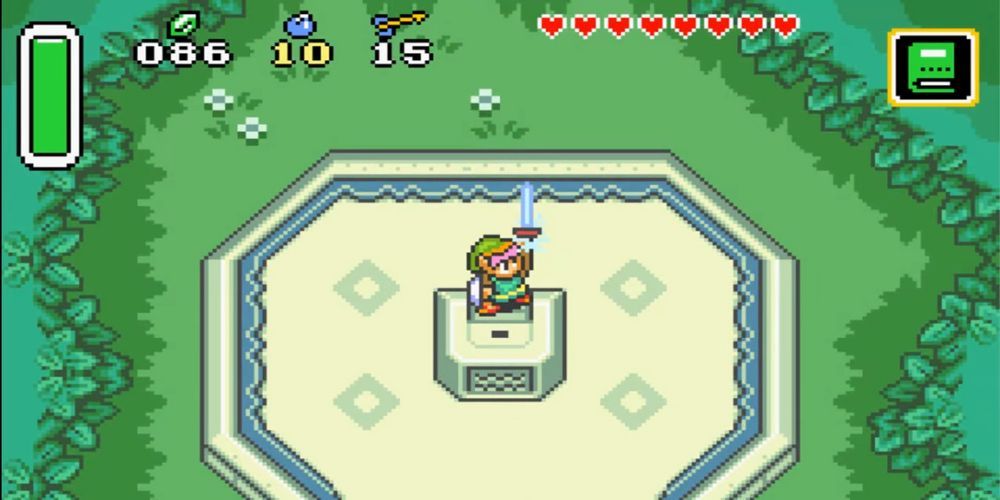 Link pulling out the Master Sword in a Link to the Past.