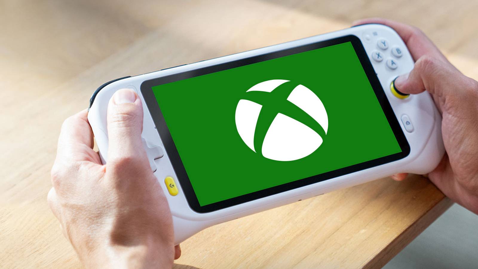 Logitech G Cloud lifestyle promo still Xbox logo submark green display edit