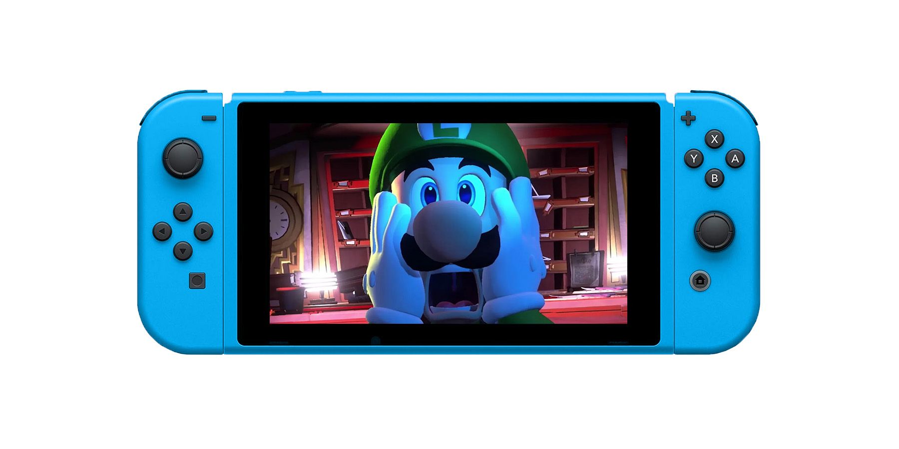 Luigi from Luigi's Mansion 3 screaming on blue Nintendo Switch