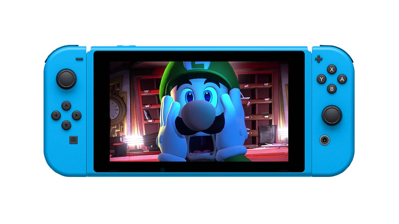 Luigi from Luigi's Mansion 3 screaming on blue Nintendo Switch