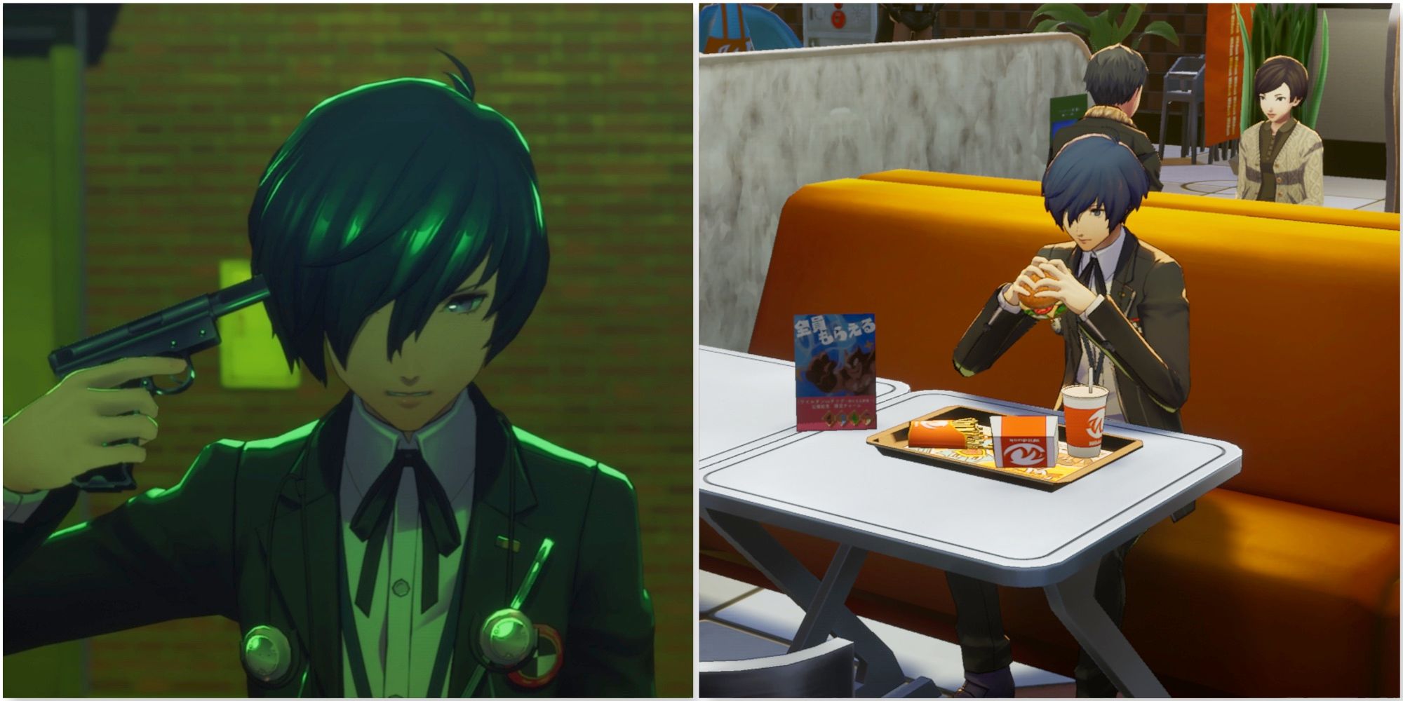 Makoto using an evoker and Makoto eating a burger in Persona 3 Reload