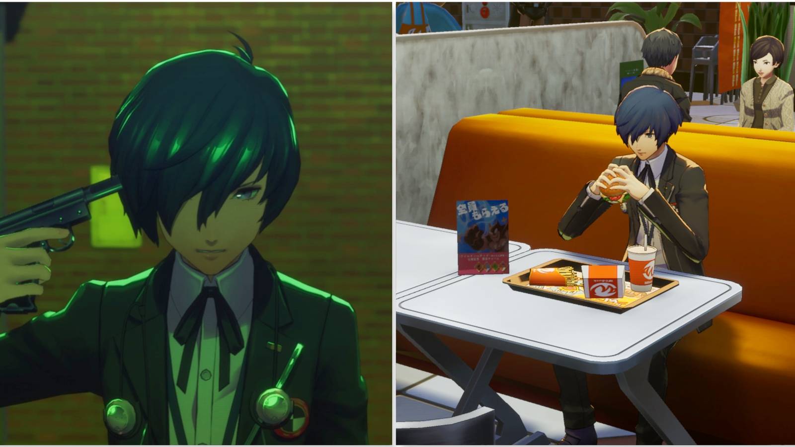 Makoto using an evoker and Makoto eating a burger in Persona 3 Reload