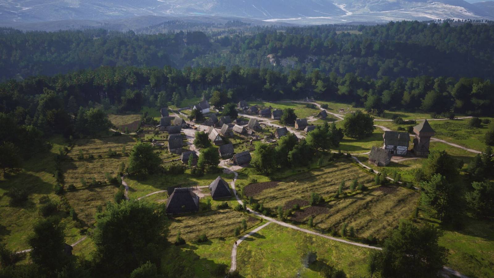 A village and fields in Manor Lords