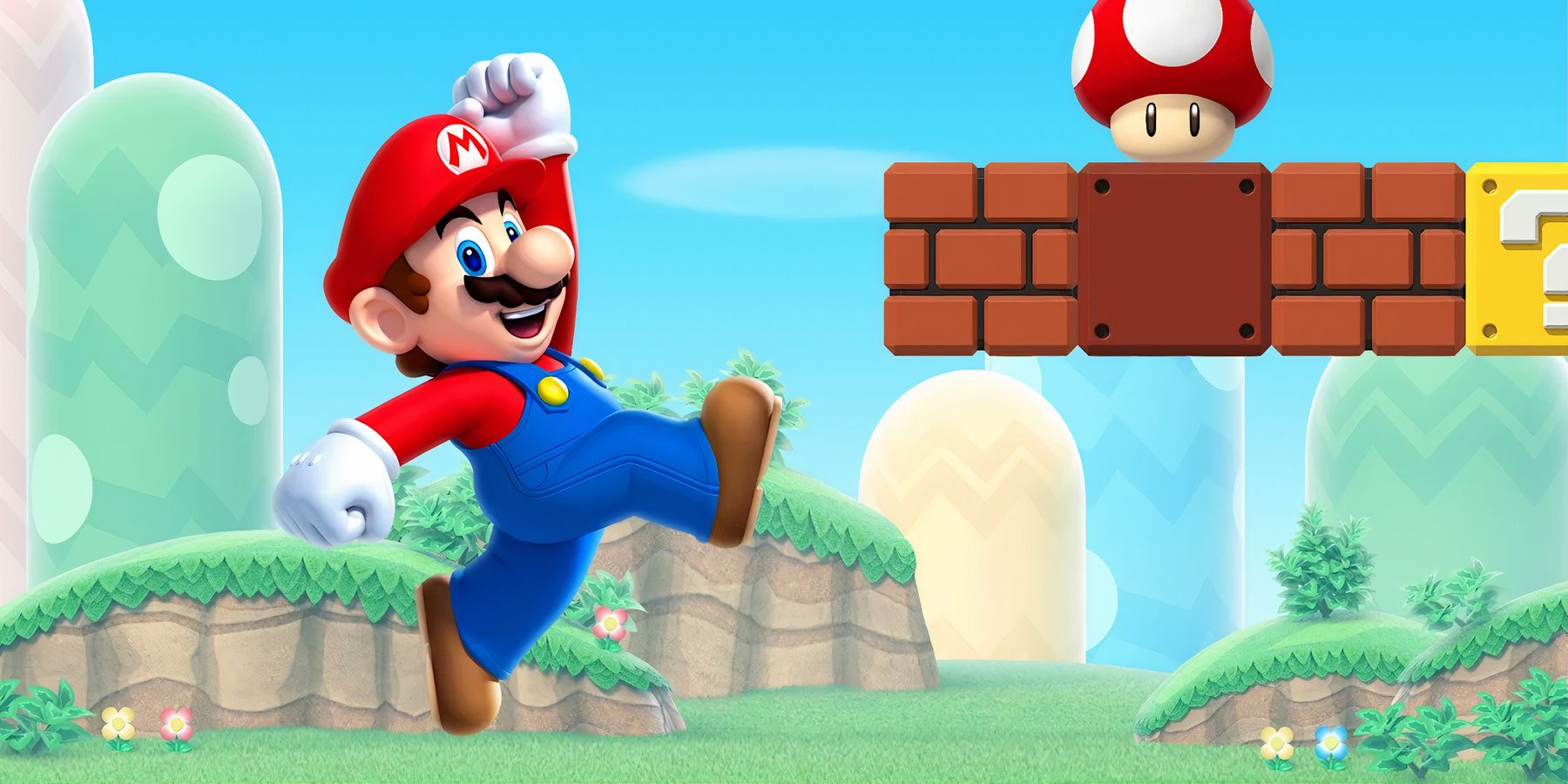 Mario jumping with blocks and a mushroom ahead