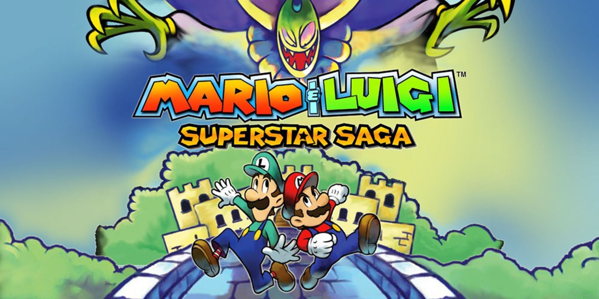 Mario & Luigi- Superstar Saga official game poster with a creepy looking plant looking down at Mario and Luigi