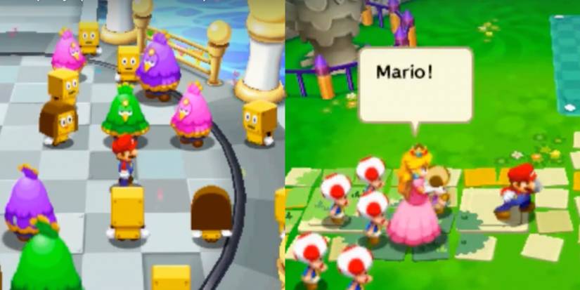Mario and Peach surrounded by Toads as Peach calls Mario's name