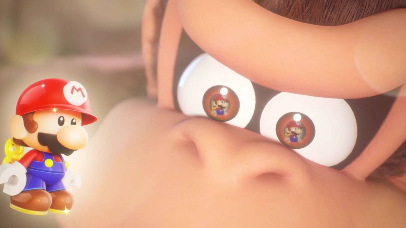 donkey kong glares at mini mario toy