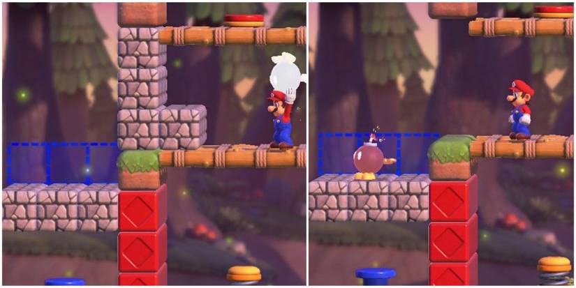 mario using bob-omb to break stone walls