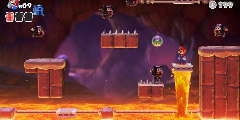 mario attempting to reach 1-up mushroom over lava