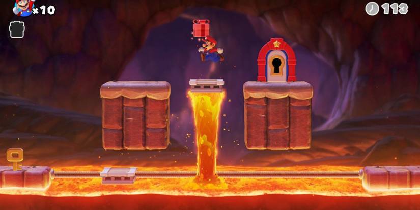 mario jumping to reach red gift over lava
