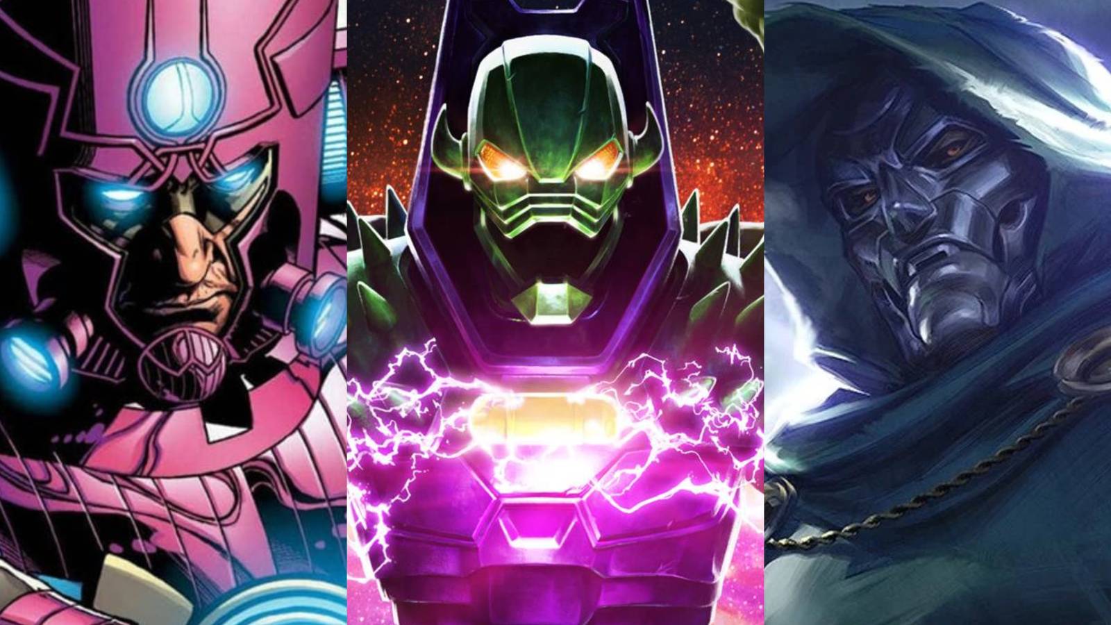 A split image of Galactus, Annihilus, and Doctor Doom from Marvel Comics