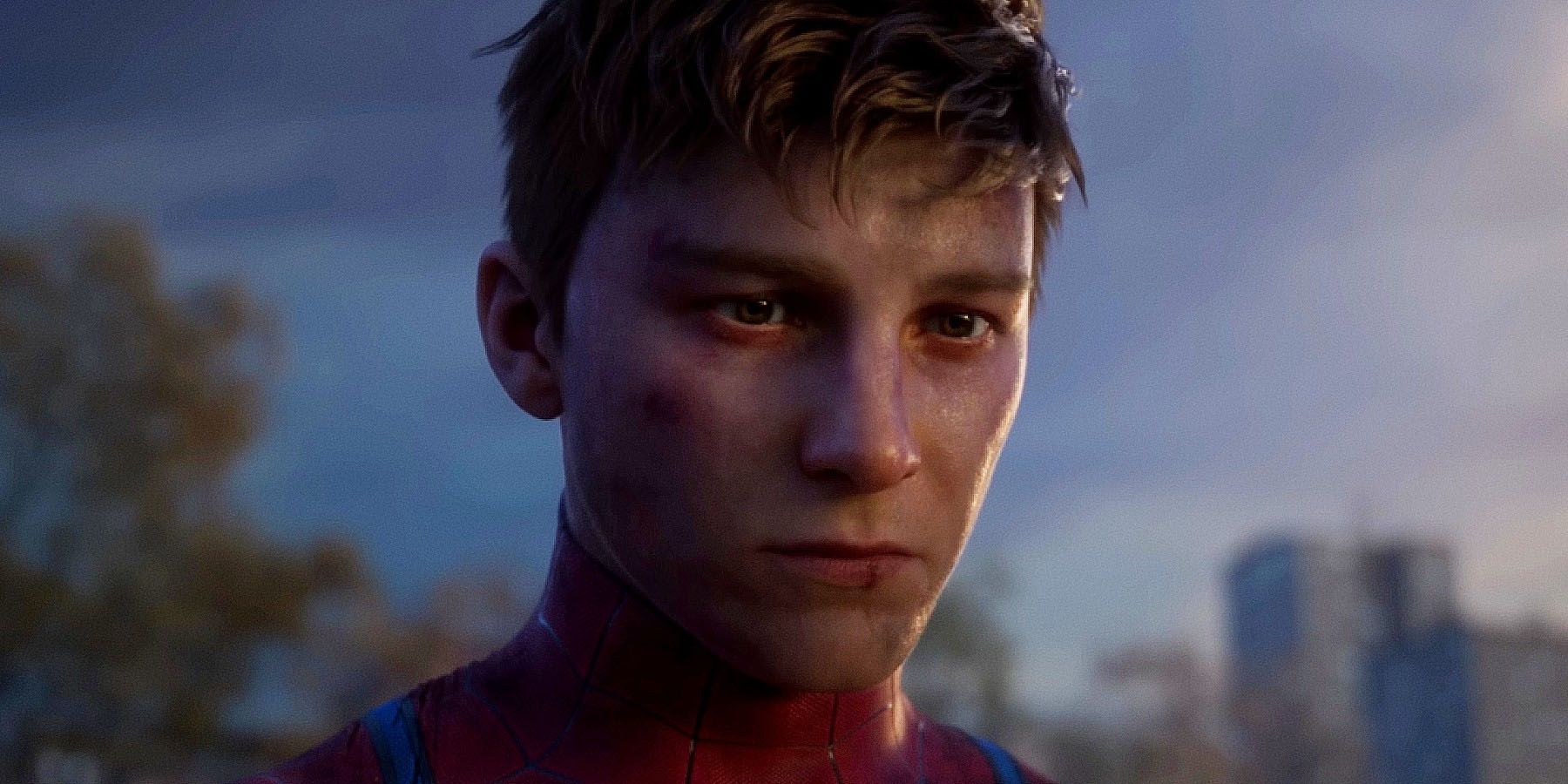 A screenshot of an unmasked Peter Parker in a promotional cutscene for Marvel's Spider-Man 2.