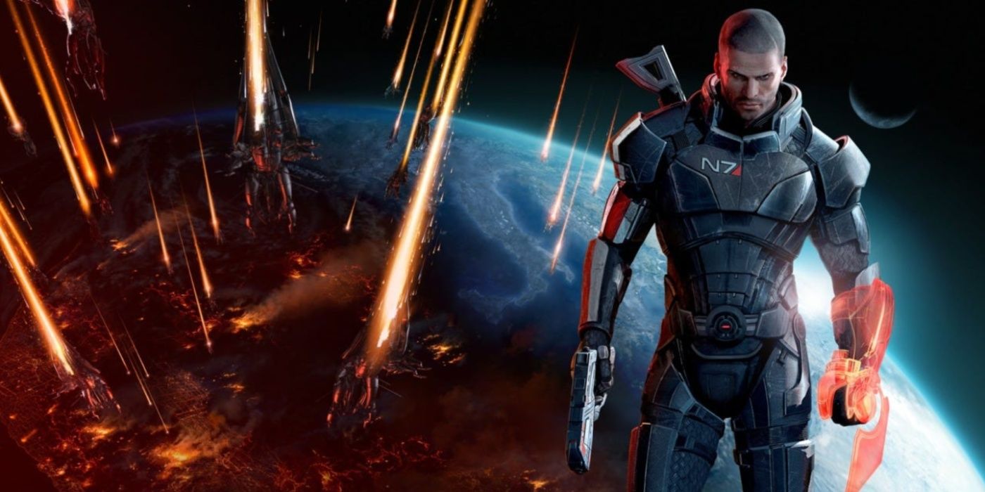 Mass Effect 3 Shepard in front of planet being invaded