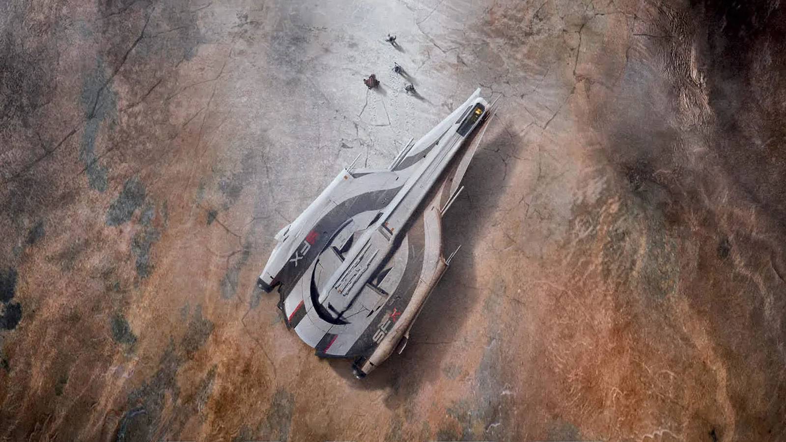 A promtional image of a spaceship from a Mass Effect 5 teaser poster.