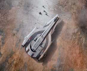 A promtional image of a spaceship from a Mass Effect 5 teaser poster.
